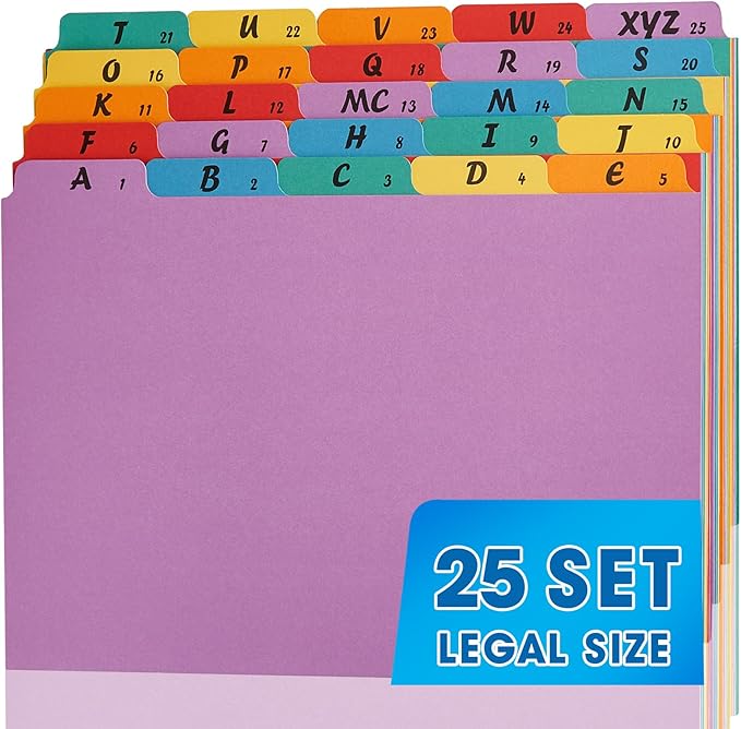 1 Set A-Z Alphabetic and Number Top Label Files, Legal Size, 25 Sheets File Dividers 1/5 Cut Label File Cabinet Dividers Desk Organizer for Office, Home and School (Rainbow)