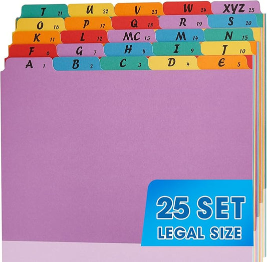 1 Set A-Z Alphabetic and Number Top Label Files, Legal Size, 25 Sheets File Dividers 1/5 Cut Label File Cabinet Dividers Desk Organizer for Office, Home and School (Rainbow)