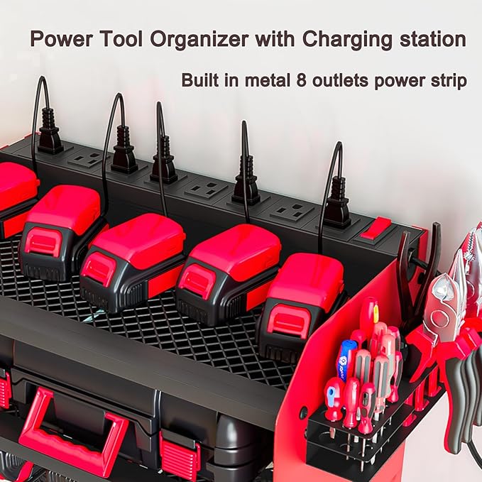 AZERPIAN Power Tool Organizer Wall Mount with Charging Station 3 Layer Heavy Duty Metal Tool Storage Rack with 4 Cordless Drill Holder Utility Rack with 8 Power Strip, Red