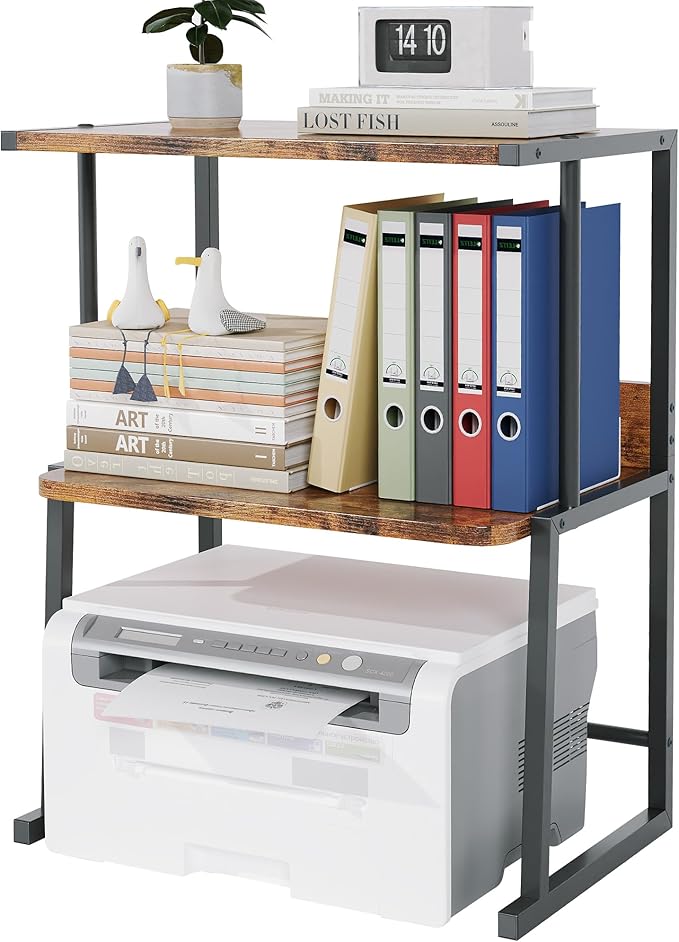 Homeiju 3-Tier Desk Shelf Printer Stand with Storage, Heavy Duty Metal Frame Wood Top Organizer for Home Office, Holds Up to 50lbs, Space-Saving for Home Office, Rustic Brown