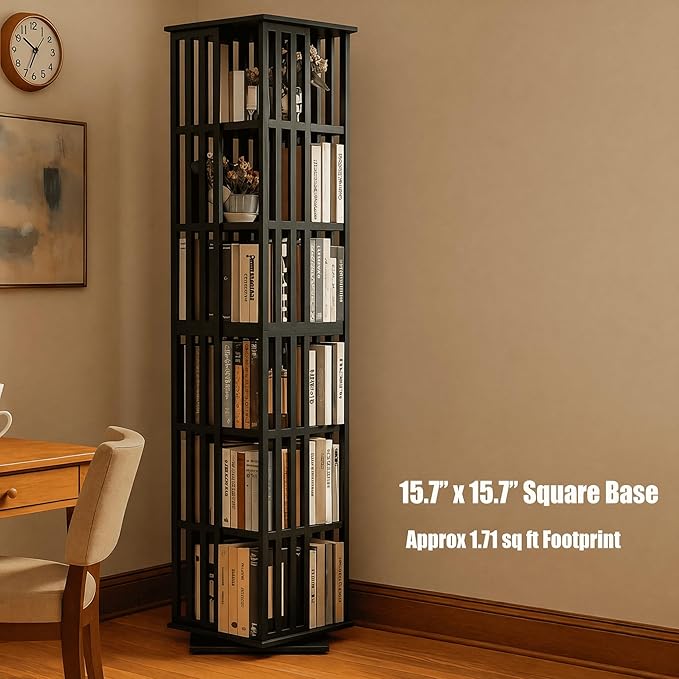 Lauxery Rotating Bookshelf– 6 Tier 360° Bamboo Revolving Bookcase, Spinning Corner Bookshelf, Space-Saving Book Shelf Tower for Small Spaces, Home Office, Living Room Vertical Storage– Black