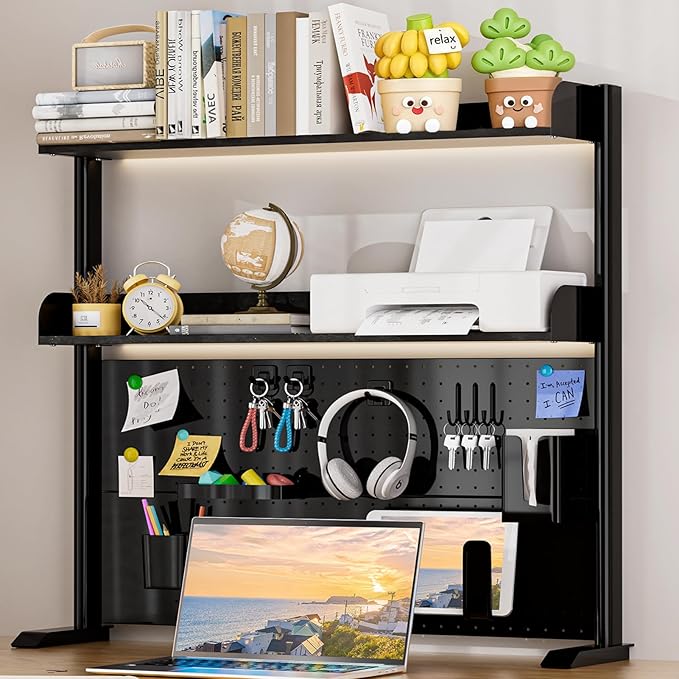 Adjustable Desktop Hutch Bookshelf, Desk Shelf Organizer with Pegboard and Thickened Metal Frame, 2 Tier Display Rack, Countertop Storage, Wood Bookcase for Home, Dorm or Office, Black, 38.9" W