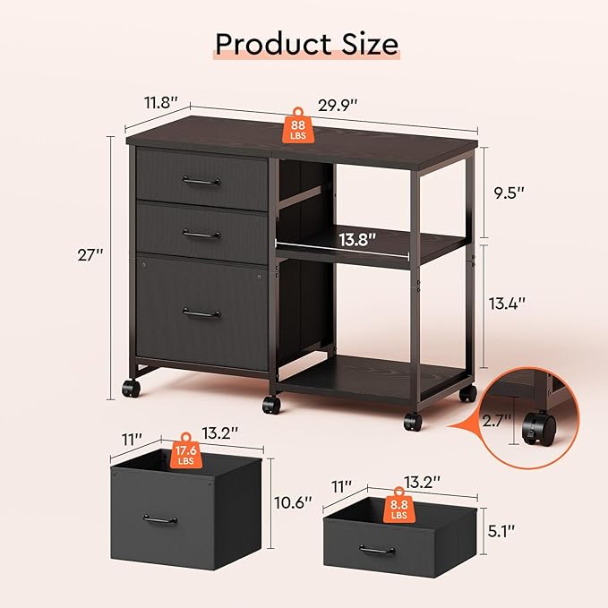 Maihail 3 Drawer File Cabinet with Wheels Rolling Printer Stand with Open Storage Shelf Fabric Lateral Filing Cabinet for Home Office,Black
