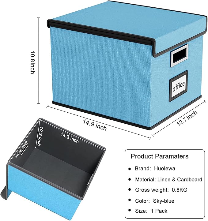 File Organizer Box with Lid, Collapsible File Folder Organizer for Office Document Storage, Filing Box with Plastic Slide for Letter Size Hanging File Folders(1 Pack, Sky-blue)