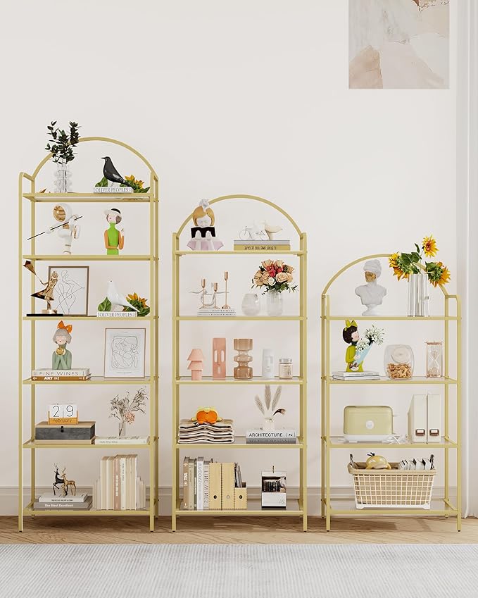 Hzuaneri Bookcase Bookshelf, Tempered Glass Bookshelves, Slim Shelving Unit for Bedroom, Bathroom, Home Office, Steel Frame, 6 Tier Gold BC21699G