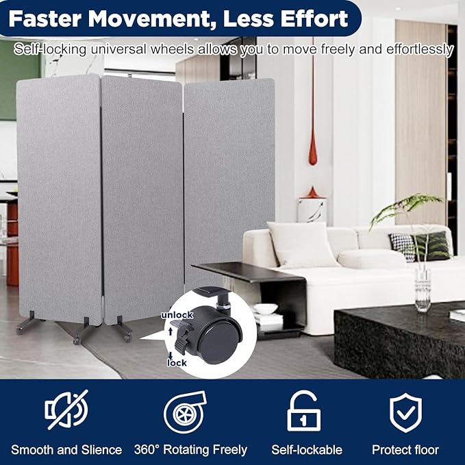 Room Divider Soundproof Privacy Panel with Wheels, 3 Panel Portable Office Wall Divider for Room Partition, Soundproof Partition Room Dividers Cubicle Wall Temporary Wall Space Separator for Office
