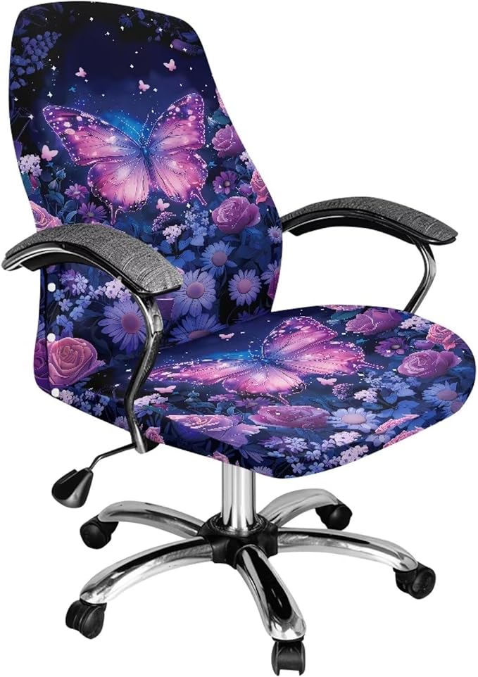 Talayituse Butterfly Rose Daisy Flower Print Office Chair Covers, Stretch Computer Chair Cover, Universal Boss Chair Covers Modern Simplism Style High Back Chair Slipcover, Large
