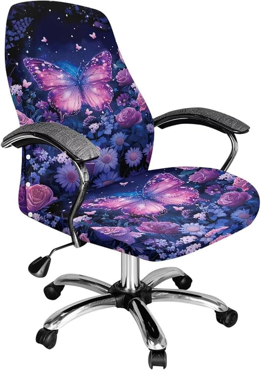 Talayituse Butterfly Rose Daisy Flower Print Office Chair Covers, Stretch Computer Chair Cover, Universal Boss Chair Covers Modern Simplism Style High Back Chair Slipcover, Large