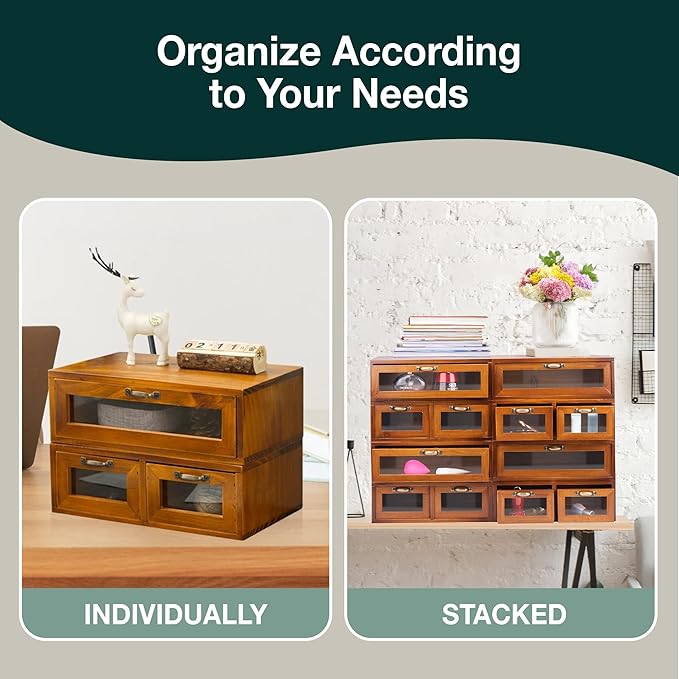 Modular Stackable Fully Assembled Set of 4 Storage Drawers - 12 Drawer See-Through Display Cabinets - 4-Level Desktop Organizer - Wood Box w/Metal Handle Collectible Card Bedazzling Decluttering