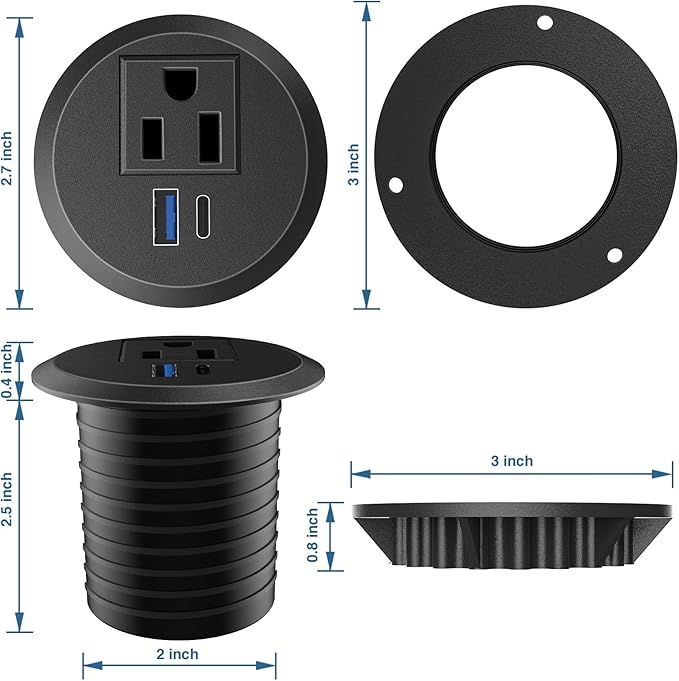 Desktop Power Grommet, 2inch Desktop Power Grommet Outlet, Recessed Power Strip Outlet with 1 USB and 1 Type-C, 20W PD Fast Charge for Desk, Kitchen, Office, Home, Hotel and More