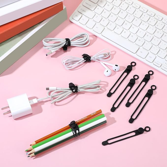 Nuanchu 40 Pcs Silicone Cable Ties Reusable Holder Adjustable Straps Multipurpose Charging Cable Organizer for Fastening Charging Cords Wires(4.17 Inch,Black)