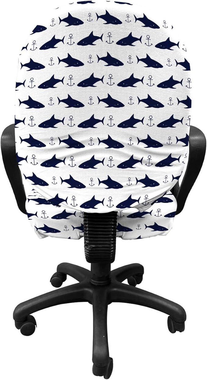 Ambesonne Anchor Office Chair Slipcover, Aquatic Pattern with Sharks and Anchors Contemporary Classical Modern Fish Animal, Protective Stretch Decorative Fabric Cover, Standard Size, Indigo White