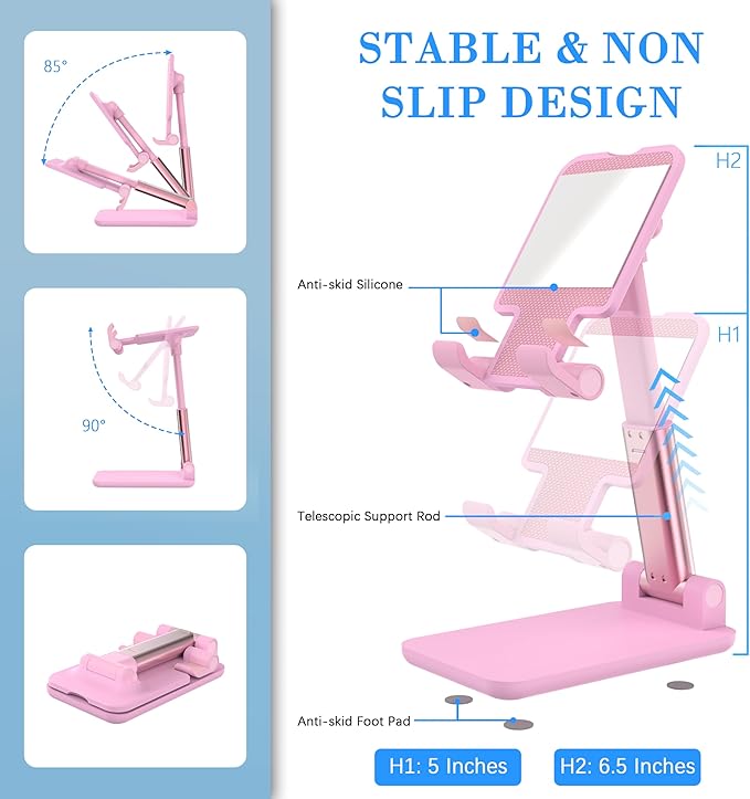 Cell Phone Stand, Adjustable Angle and Height Cell Phone Holder for Desk, Foldable and Portable, Anti-Slip Silicone Pad, Compatible with All Mobile Phones and 4-8 Inch Devices (Pink&Pink)