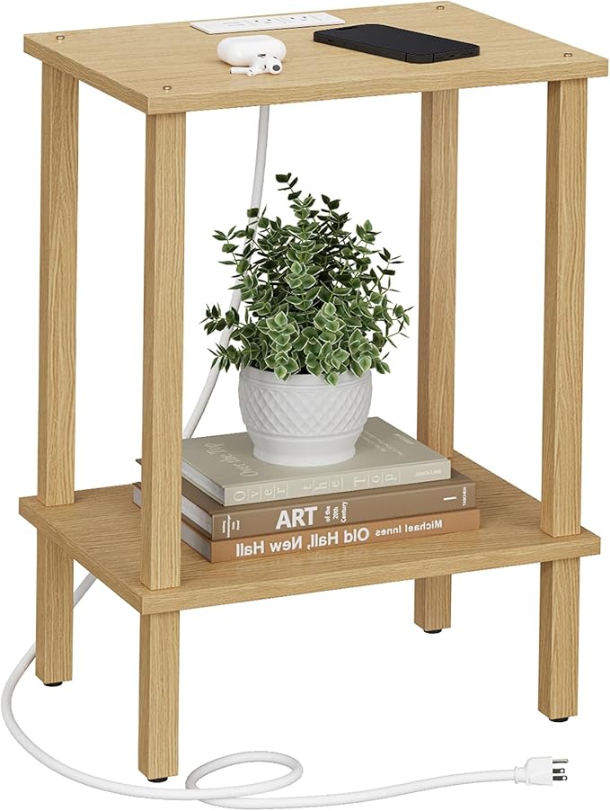 TUTOTAK End Table with Charging Station, Small Side Table with Outlets, Nightstand Bedside Table, 2-Tier Storage Shelf for Small Space, Living Room, Bedroom, Natural TB01BN040