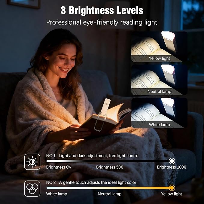 12 Pack Reading Light,Rechargeable Book Light for Reading in Bed, Eye Caring 3 Color Temperatures,Compact Size Clip on Book Lamp for Book Lovers Kids Adults（Multicolor）