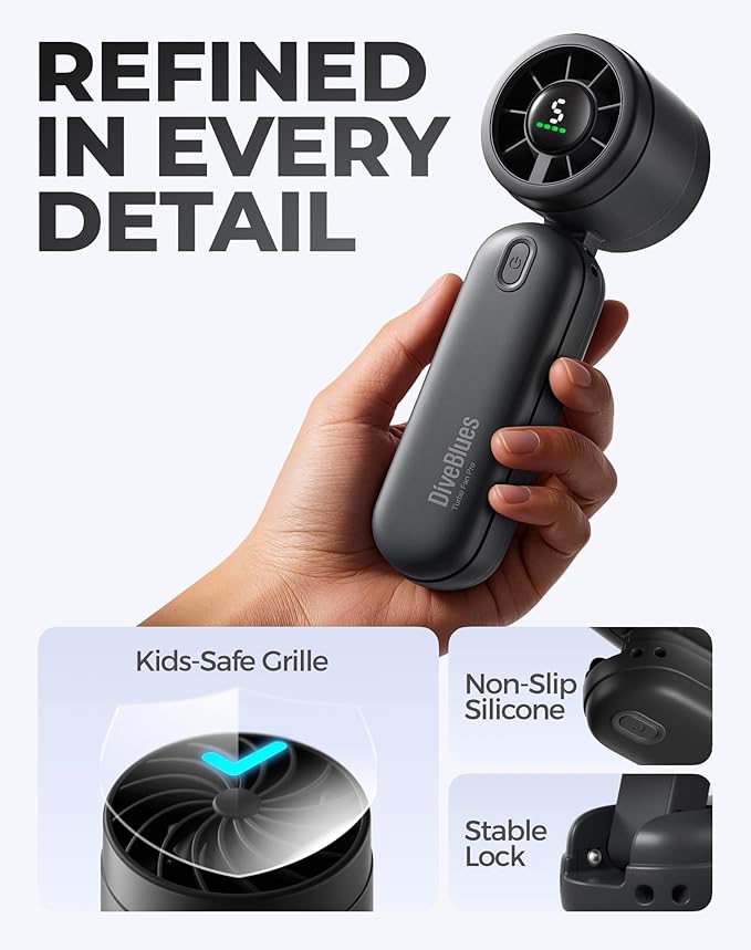 Diveblues Handheld Fan, 30ft/s Mini Portable Turbo Fan [12H Max Cooling], 4000mAh Personal Fan with LED Display, 3-in-1 Hand Held/Neck/Desk Fan for Travel, Cruise, Disney Essentials