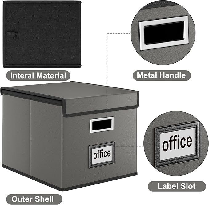 Portable Leather File Organizer Boxes with Lids, Office Document Boxes Organizer, Filing Boxes, Decorative Small File Boxes for Hanging Files with Plastic Slide for Office/Decor/Home