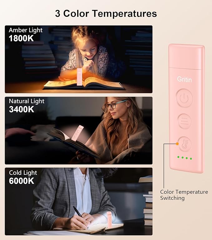 Gritin Book Light Rechargeable, Eye Caring 3-Color & 5-Brightness Clip on LED Reading Light for Books in Bed- Stepless Dimming, Long Lasting, Compact Size Flexible Book Lamp for Bookworms-Pink
