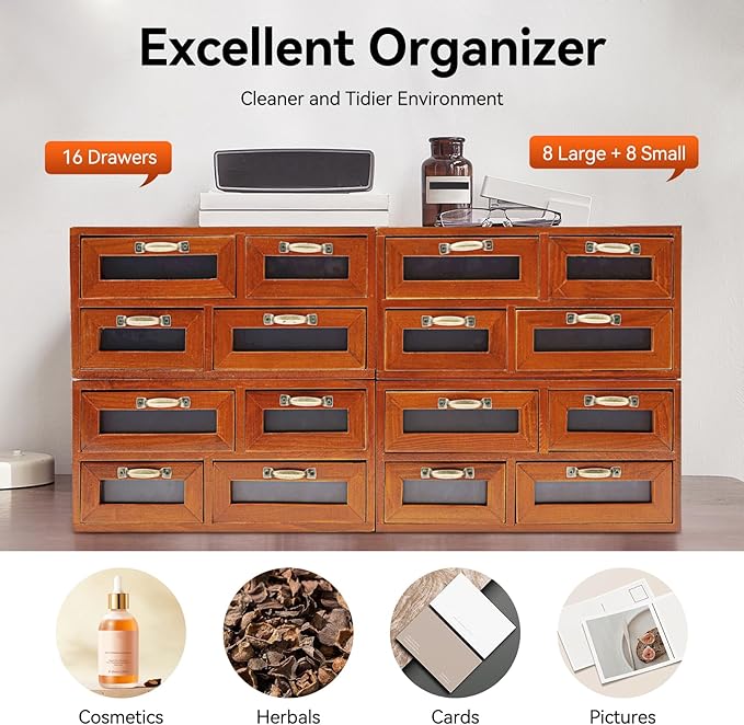 4 Pcs Vintage Wooden Storage Box, 16 Drawer Desktop Organizer for Home Office Organization, Brown Storage Cabinet for Storing Small Items like Cosmetics and Cards