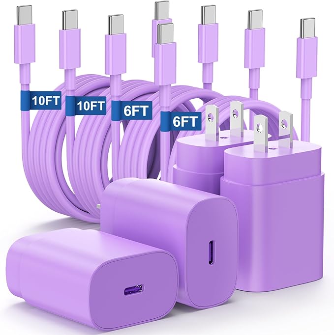 Essri Type C Charger Fast Charging for Samsung Galaxy S25/S24/S23/S22/Note 20,4Pack 25W Super USB C Fast Charger Block with (6ft+10ft) x2 Cables for iPhone 15/16 Pro Max/Plus, Android Phones-Purple