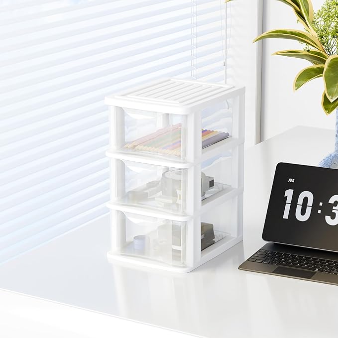 Small 3 Drawer Desktop Organizer, 2 Pack White Plastic Stroage, Desktop Organization for Small Tools for Home, Office for Sewing,Cosmetic,Makeup,Art Craft Supplies White Frame in Home,Office
