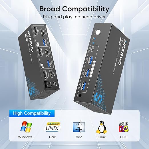 Hearvo HDMI DisplayPort KVM Switch 2 Monitors 2 Computers, 8K@60Hz Dual Monitor KVM Switcher with HDMI 2.1 & DisplayPort 1.4, USB 3.0 Hub,with Controller & 2 USB Cables & EDID Adaptive -S7240PH2