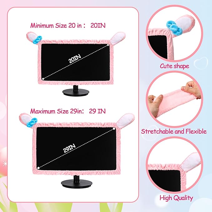 Remagr Easter 20"-29" Cute Computer Monitor Cover with Bunny Ear Pink Furry Elastic Monitor Dust Cover Protector Accessories Laptop TV Lcd Screen Kawaii Decoration for Easter Tablet