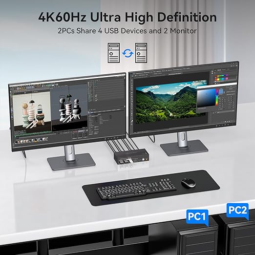 KVM Switch 2 Monitors 2 Computers 4K60Hz HDMI Dual Monitor KVM Switches for Dual PC Share 1 Set of Keyboard Mouse Printer Wired Controller 12V 1A DC Adapter and 2 USB 3.0 Cable Included