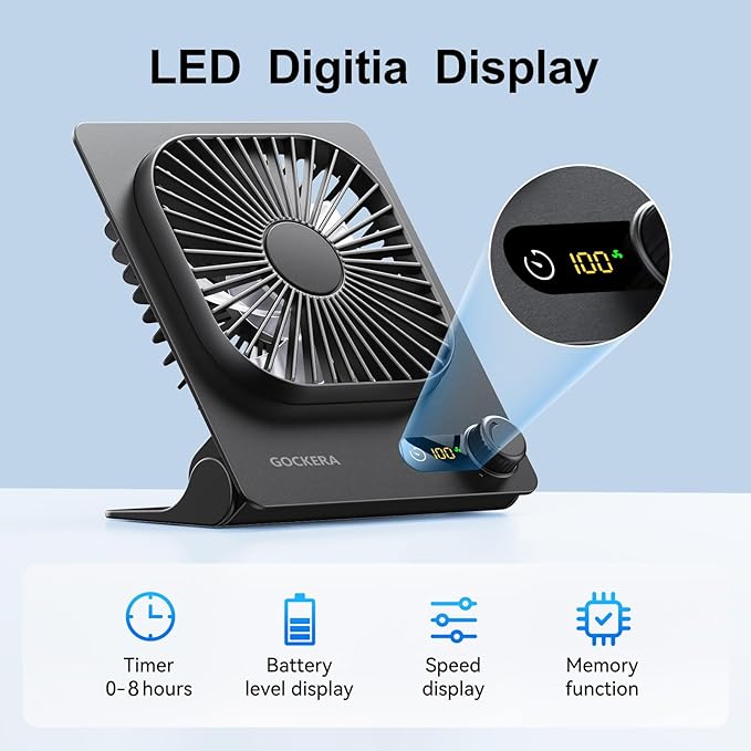 Desk Fan, 6.61''Ultra-thin Battery Powered Fan with Powerful Wind,100 Speeds Adjustable&Digital Display,Timer,Ultra-quiet Small Portable Fan for Bedroom,Office,Travel (Black and Black, 5000mAh)