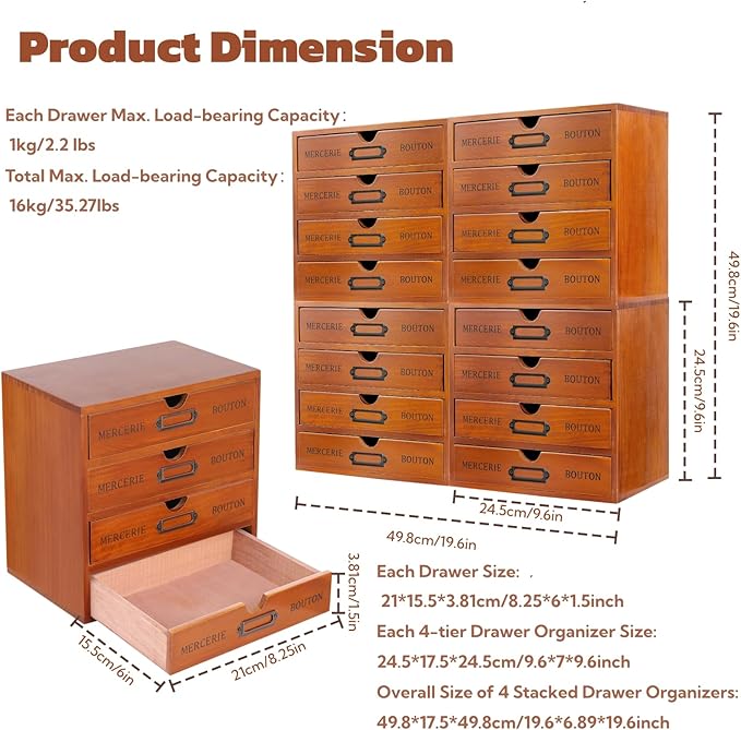 16-Drawer Wooden Desk Organizer Storage Box with Label Holders Vintage Wood Desktop Organizer, Desk Drawer Unit Collectors Box for Living Rooms, Bedrooms, Offices (Brown, 4PCS, 16 Drawers)