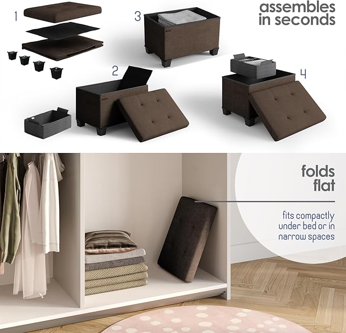 Storage Ottoman Cube with Small Bin, 16-in Square Ottoman with Storage for Living Room and Bedroom, Small Ottomans Foot Rest, Fabric Foot Stools Ottomans Max 330lbs, Brown