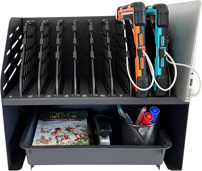 Laptop Charging Station for Classroom, Office, or Home, 10-Device Organizer with 6 AC Outlets & 4 Fast-Charging USB Ports, Fits Laptops, Tablets & E-Readers up to 1.375" Thick, 15.6"