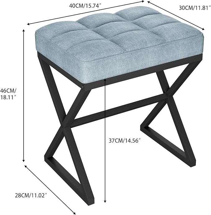 YMYNY Vanity Stool, Linen Footrest Stool, Ottoman Bench with X-Shaped Metal Legs, Makeup Dressing Stool for Vanity, Living Room, Bedroom, Entryway, Hallways 15.74"D×11.81"W×18.11"H Blue Gray UHBD033L