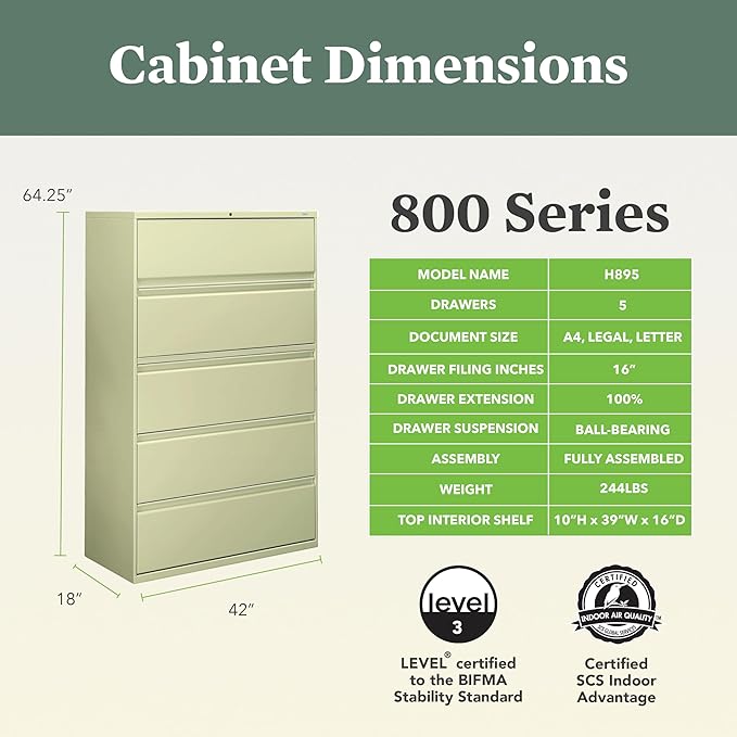 HON 5 Drawer Lateral File Cabinet with Lock, Metal Filing Cabinets for Offices, Adjustable Hangrails for A4, Legal, Letter Files, 21.31" Deep, Putty