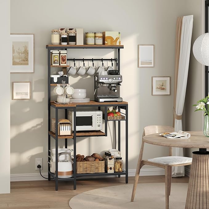YATINEY Coffee Bar, Bakers Rack with Power Outlet, Large Microwave Stand with Wire Basket and 6 Hooks, Kitchen Storage Rack, Versatile Coffee Station for Living Room, Home Cafe, Rustic Brown HB10UBR