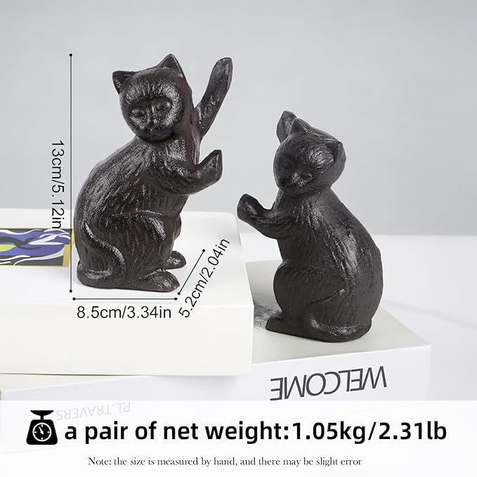 Decorative Cat Bookends, Cast Iron Kitty Book Ends, Heavy Duty Book Stopper, Vintage Antique Brown Black Home Decor, Cute Cat Statues for Shelf Decoration, 2 Pack (Black)
