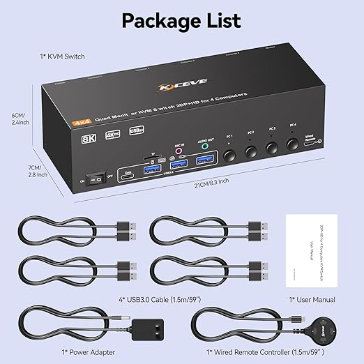 KVM Switch 4 Monitors 4 Computers HDMI + DisplayPort, KCEVE DP KVM Switcher, 8K@30Hz/4k@144Hz for 4 PC Share 4 Display and 4 USB 3.0 Devices
