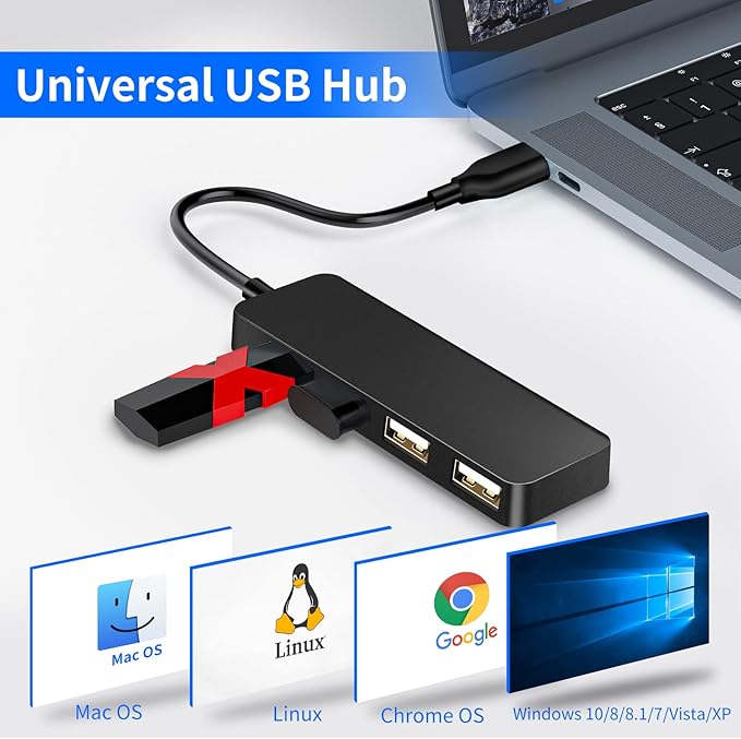 Herfair USB Hub Splitter USB Port Extender 1 to 4 Multiport Adapter Expander for Laptop, MacBook, Computer, Xbox, Console, Flash Drive, HDD, Printer, Camera, Keyboard, Mouse, More