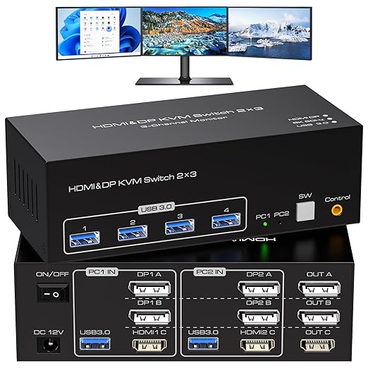 8K KVM Switch 3 Monitors 2 Computers 8K 60Hz 4K 120Hz KVM Switches HDMI+2 Displayport for Two PC Share Triple Monitor and 4 USB 3.0 Devices Support Extended and Duplicate Mode-2DP+HDMI-15.5CM