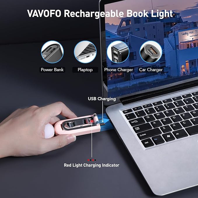 VAVOFO USB Rechargeable Book Light, Blue Lighting Blocking, Amber Light Clip On Bookmark Shaped 6 LEDs Reading Light, Eye Care for Bookworms Reading in Bed with 9 Lighting Modes (Light Pink)