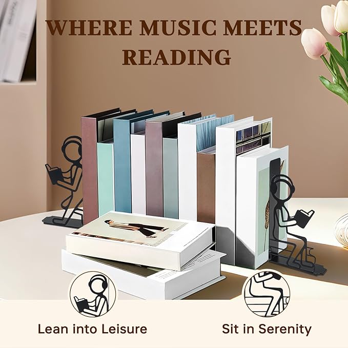 Creative Readers Decorative Bookends, Metal Book Ends for Shelves, Modern Music Lover Style Non-Skid Book Ends for Home Office Decor, Ideal Gift for Book Lovers, 1 Pair, Black