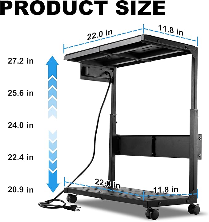 Aquzee PC Stand, Adjustable Computer Tower Stand on Wheels, Heavy Duty Metal Computer Case Cart with Power Strip, Under Desk Rolling PC Holder for Floor Carpet, Gaming Home Office Bedroom, Black