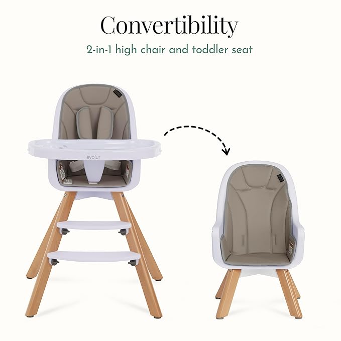 évolur Zoodle 3-in-1 High Chair in Light Grey | Convertible Wooden Baby Feeding Chair with Dishwasher Safe Removable Tray, Adjustable Footrest, Padded Cushion, 5-Point Harness for Infants & Toddlers