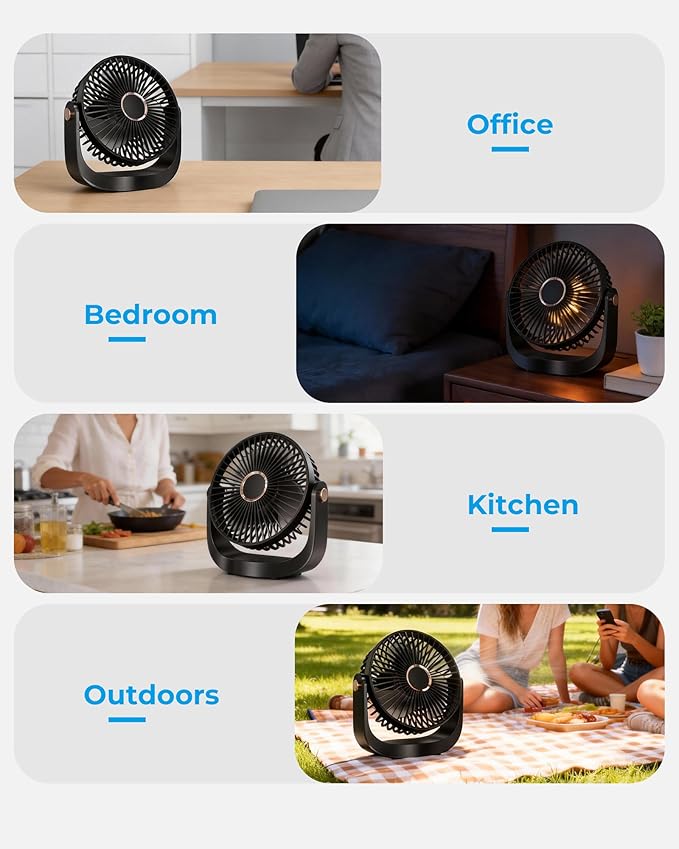 Portable Desk Fan, Rechargeable Table Fan with Night Light USB Electric Desktop Air Circulator Fans, 3000MAh Powerful with 5 Speed 360° Adjustable for Cooling Home Dorm Office Bedroom Bathroom Kitchen