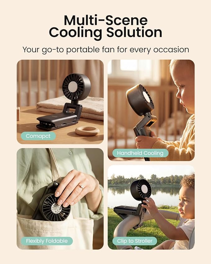 GROWNSY Portable Stroller Fan with Clip | Foldable Mini Fan for Baby Carrier | Small Handheld Fan with Soft Night Light | Rechargeable 4-Speed Baby Fan for Travel/Desk/Bed/Backpack/Car Seat (Black)