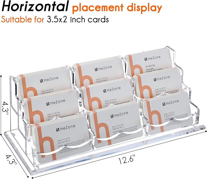 HeZone Business Card Holder for Desk, Multiple Cards Display Stand Rack for Women and Men, Clear Acrylic Card Organizer 9 Slot 3 Tiers