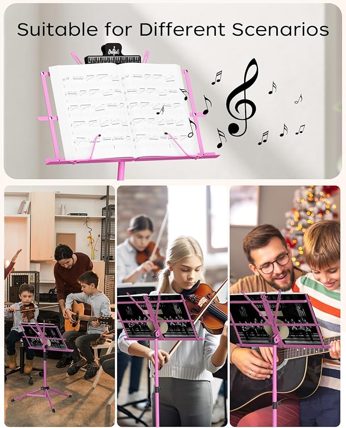 K KASONIC - Music Stand, 2 in 1 Dual-Use Folding Sheet Music Stand & Desktop Book Stand, Portable, Lightweight with Music Sheet Clip Holder & Carrying Bag Suitable for Instrumental Performance (Pink)
