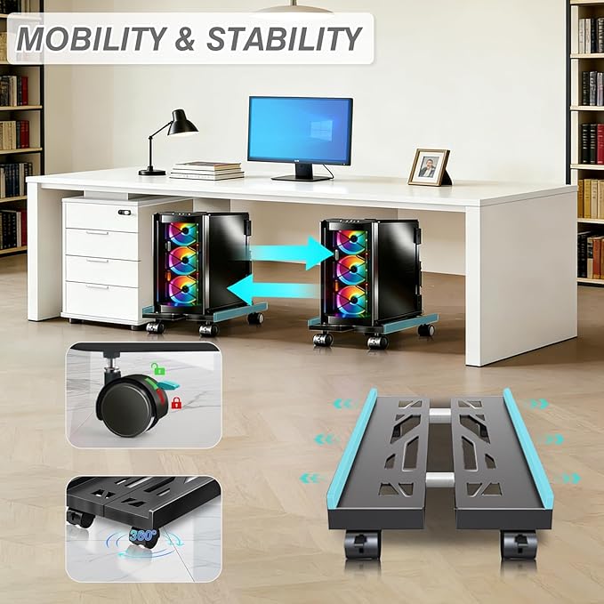 PC Stand, Mobile CPU Stand for Floor, Adjustable CPU Rolling Stand, Under Desk Computer Tower Stand, Computer Mobile Cart Holder with Locking Caster Wheels PC Tower Stand for Home and Office - Black