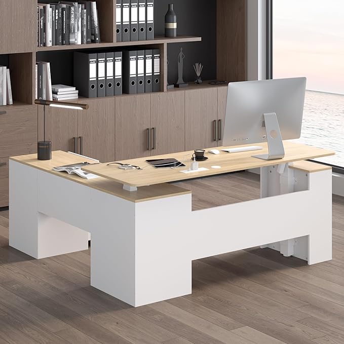 JOMEED 63" L Shaped Electric Standing Desk with Drawers, Executive Adjustable Height with Privacy Panel and Power Outlets(Oak and White)