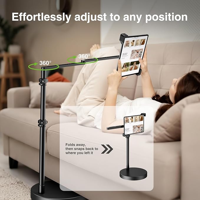 elitehood Diagonal Design iPad Floor Stand with Heavy Duty Base, 24in Horizontal Long Arm Tablet Floor Stand Holder for Bed Recliner Sofa, Compatible with iPad mini Air Pro 13/12.9 and 9-14in Devices